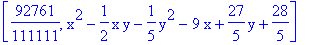 [92761/111111, x^2-1/2*x*y-1/5*y^2-9*x+27/5*y+28/5]